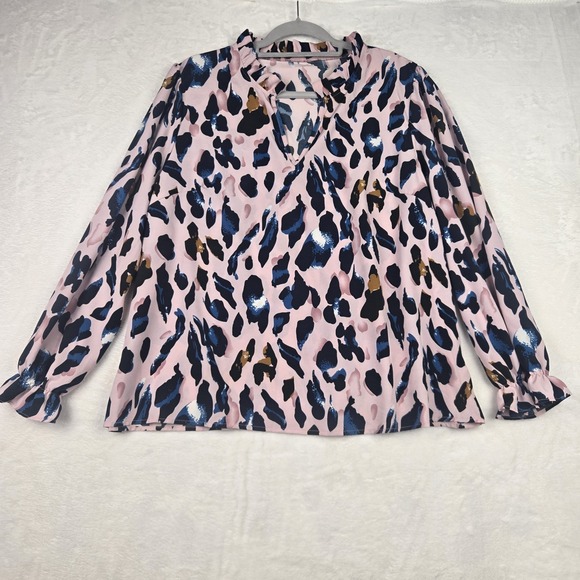 The Unbranded Brand Tops - Women's Pink Blue Patterned Long Sleeve Blouse Size 1XL Notch Neck‎ Ruffle